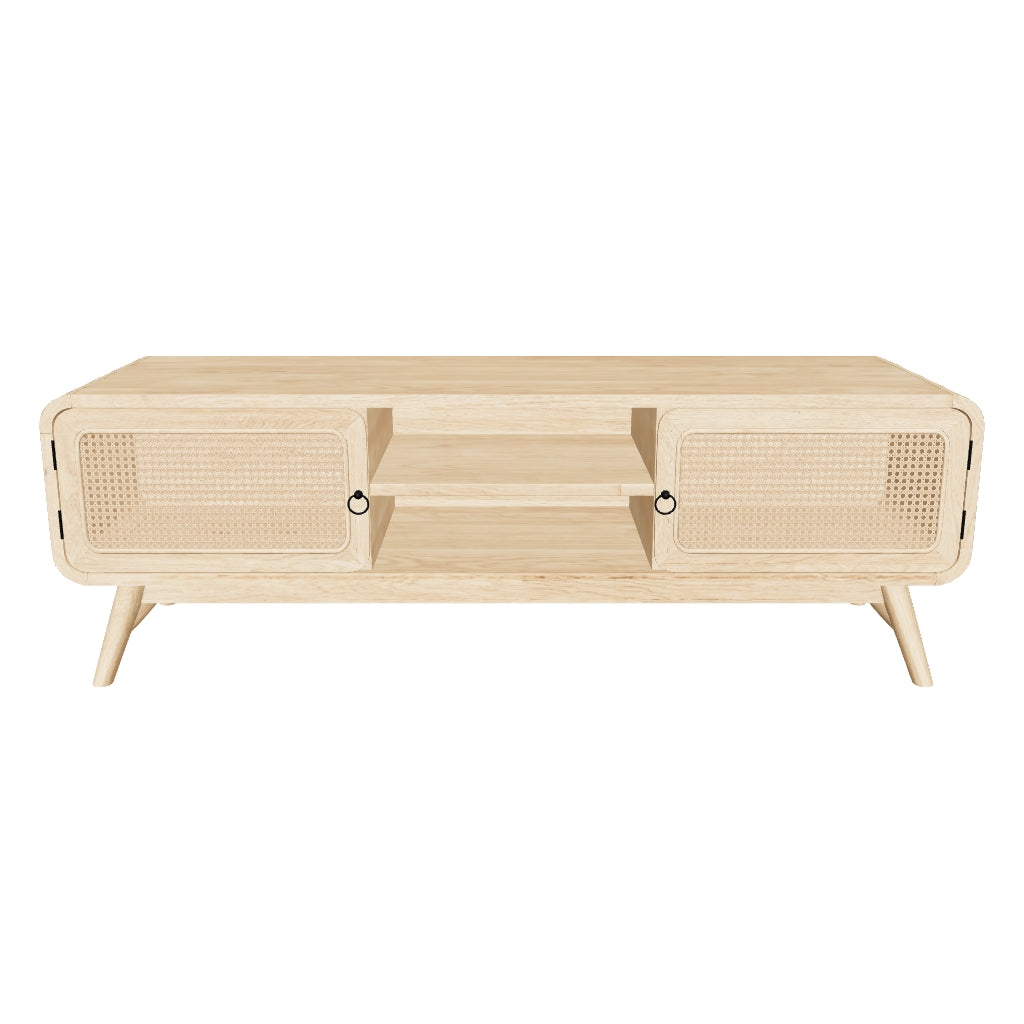 TV-Schrank aus massivem Mindiholz mit Rattan-Elementen, 150 x 50 cm, bietet eine natürliche Ästhetik und praktische Aufbewahrungslösungen.