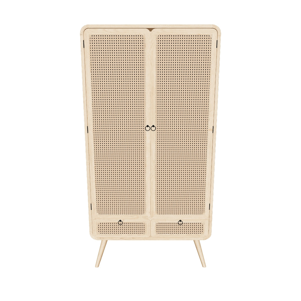 Schrank aus massivem Mindiholz und Rattan, 90 x 175 cm, mit natürlicher Ästhetik und funktionalem Stauraum.
