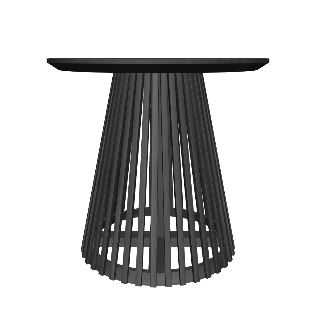 3D-Modell: Eleganter, runder Beistelltisch aus schwarzem Mindi-Holz, Ø 50 cm, robust und nachhaltig, ideal für Deko.