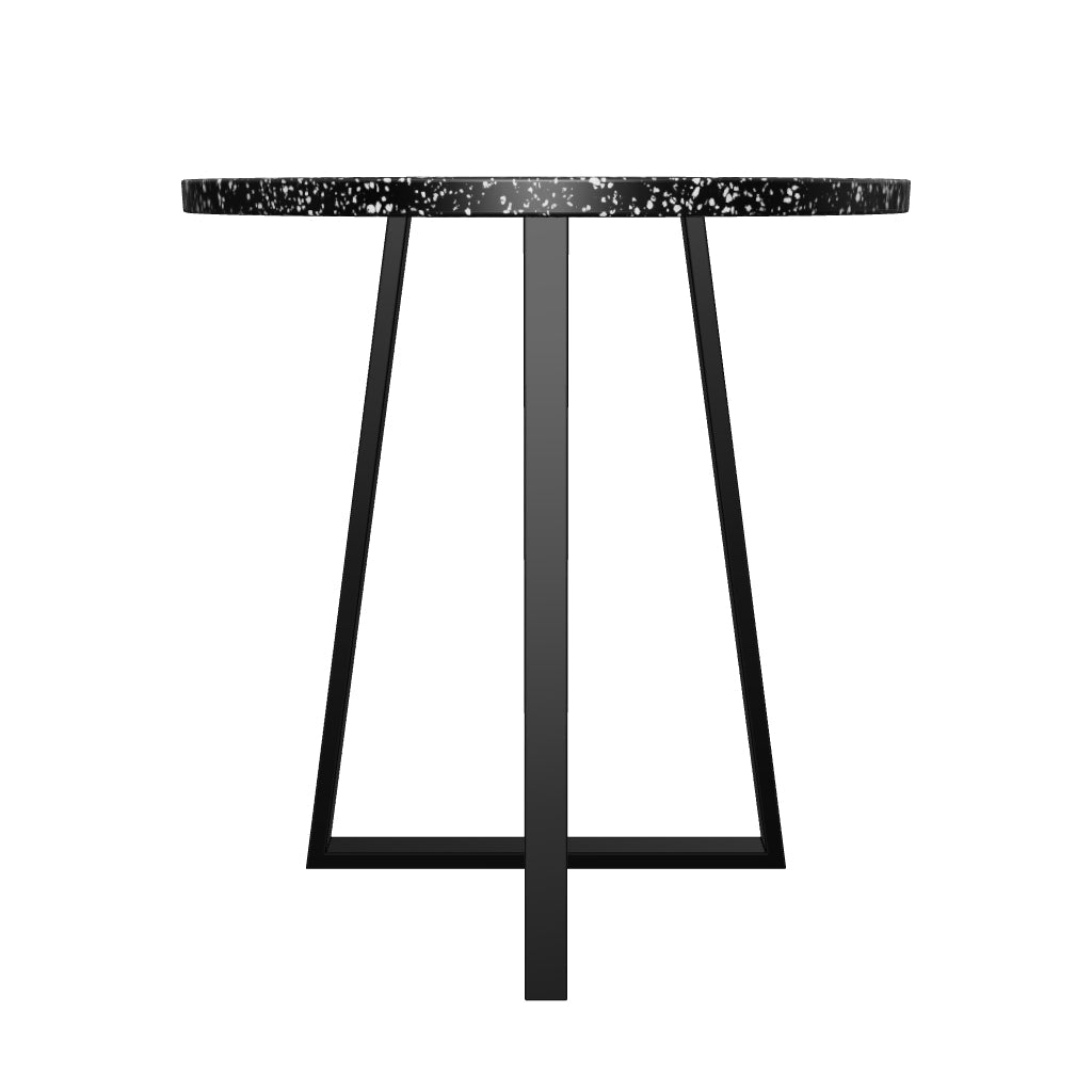 Runder Tisch Ø 70 cm, schwarzes Terrazzo, Stahlbeine. Modern, robust, wetterfest. Ideal für Garten oder Terrasse.