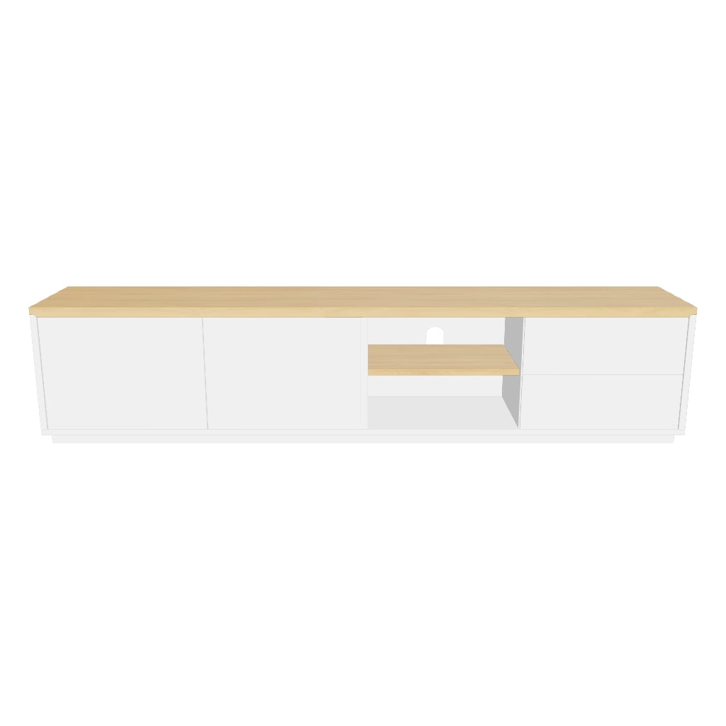 Moderner TV-Schrank aus Eichenfurnier, 2 Türen, 2 Schubladen, 200cm breit, FSC-zertifiziert, ideal für große TVs.