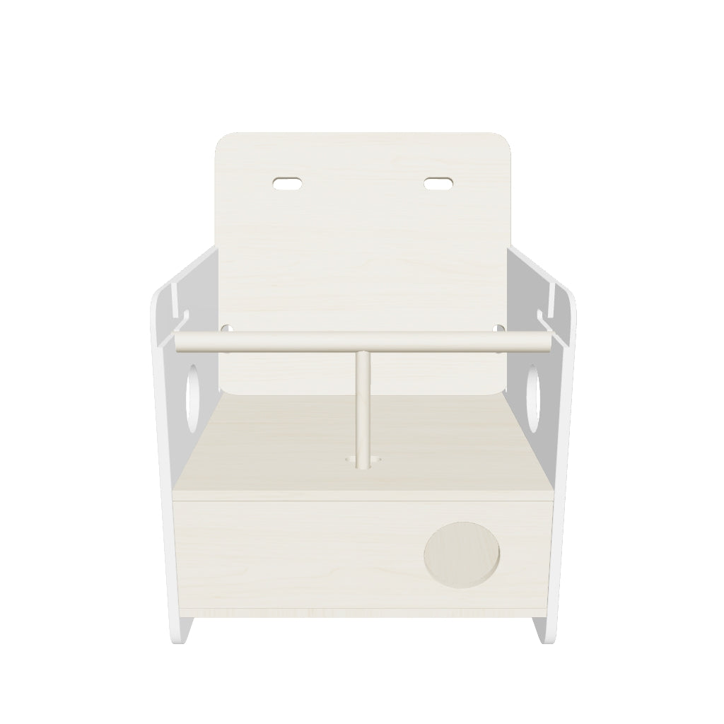Mitwachsender Kinderstuhl aus Birkenfurnier, der durch sein minimalistisches Design und seine Anpassungsfähigkeit Komfort und Langlebigkeit bietet.