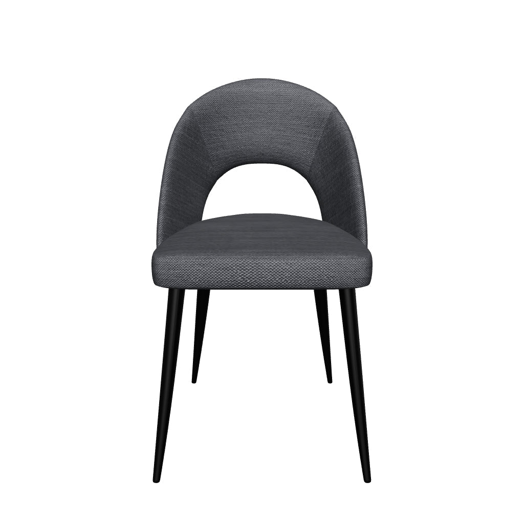 Moderner Stuhl Mael in Dunkelgrau mit stabilen Stahlbeinen in schwarzem Finish.