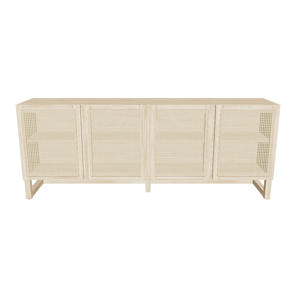 Sideboard Rexit mit vier Türen aus Mindimassivholz und Rattan, 180 x 78 cm, modernes Design mit natürlichem Charme.