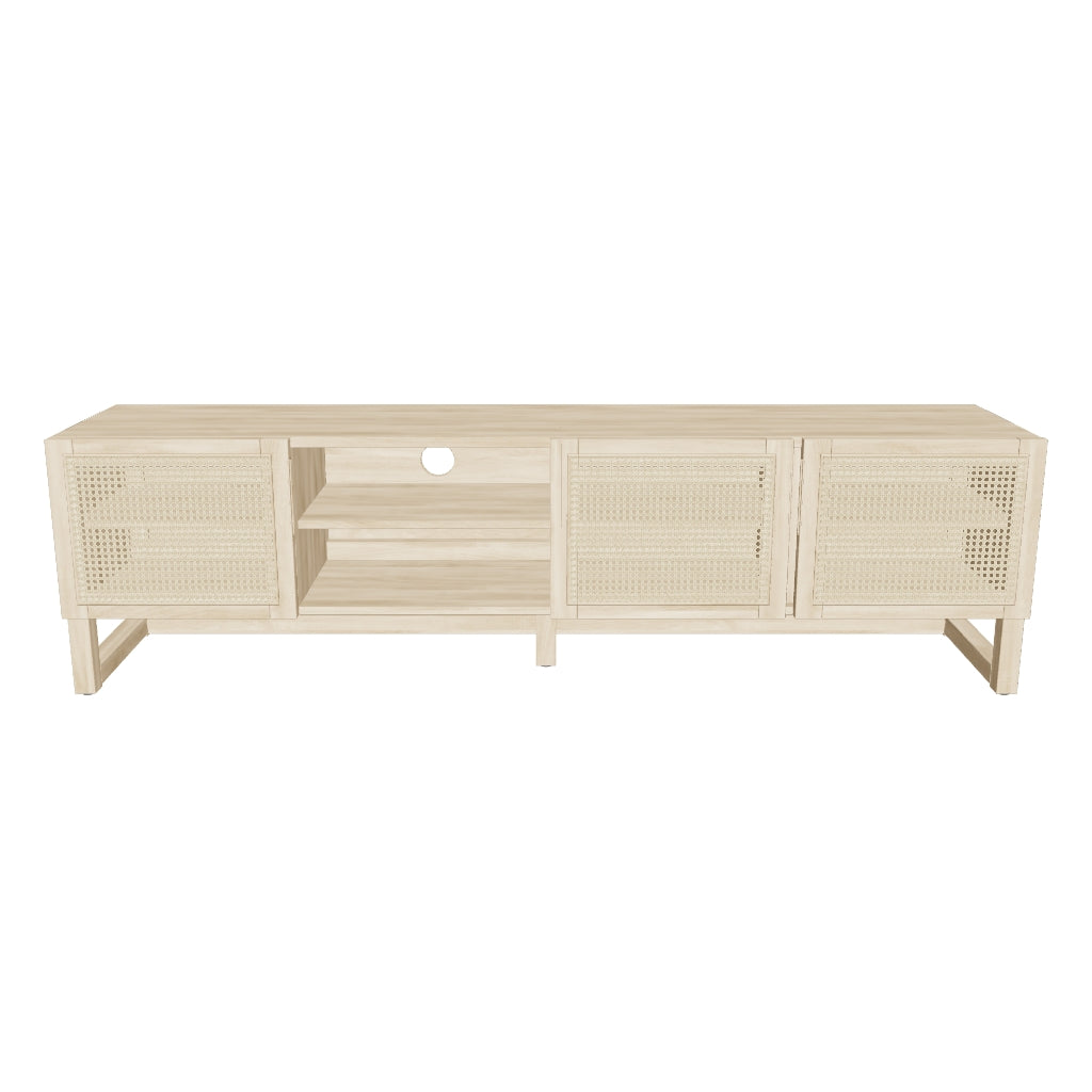 TV-Schrank Rexit aus massivem Mindiholz und Rattan mit drei Türen, 180 x 50 cm, modernes und natürliches Design.