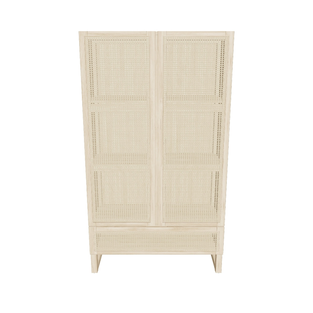 Schrank aus massivem Holz mit Mindi Furnier und Rattan-Elementen, 90 x 160 cm, modernes Design mit natürlichem Charme.