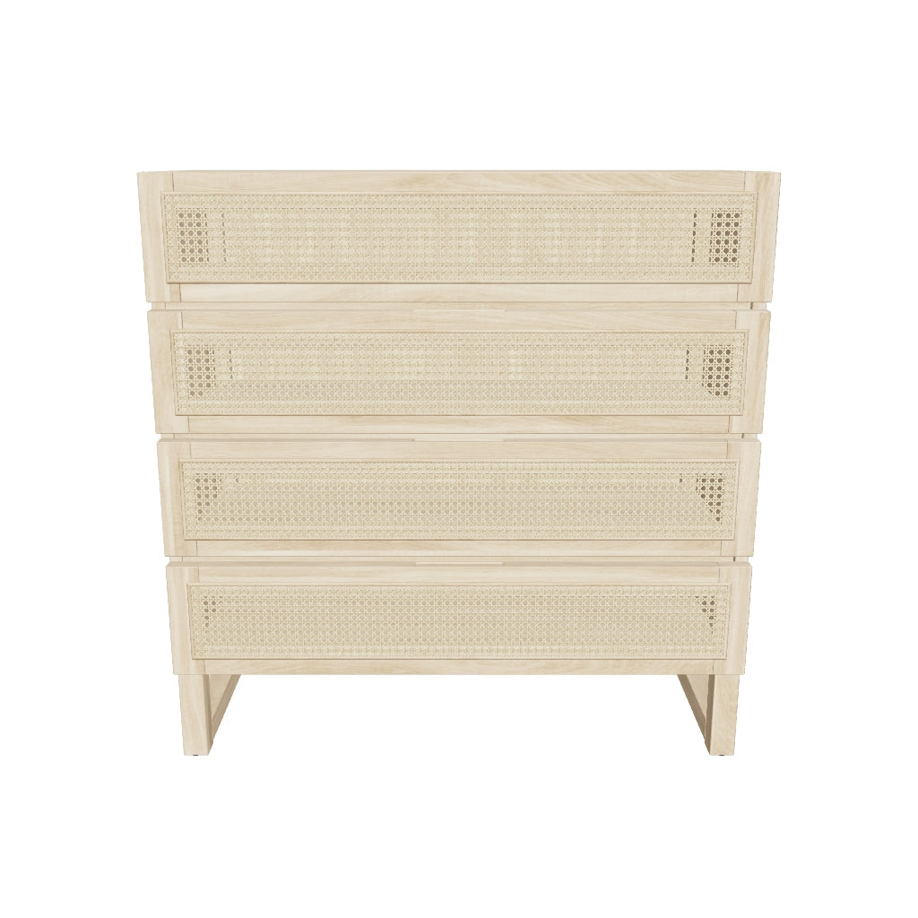 Kommode Rexit mit 4 Schubladen aus massivem Holz und Mindi-Furnier, kombiniert mit Rattan-Elementen, 90 x 93 cm, ideal für stilvolle und natürliche Einrichtung.