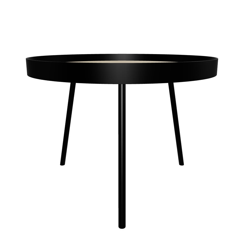 3D-Modell eines modernen Beistelltischs: Ø 60 cm, MDF in Eicheneffekt, schwarzes Stahlgestell, vielseitig und umweltfreundlich.