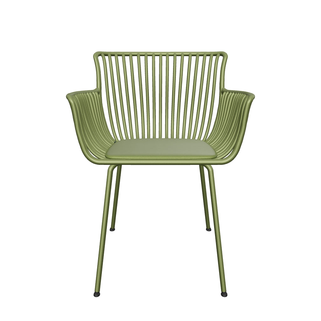 Outdoor-Stuhl Surpika mit robusten grünen Stahlbeinen, modernem Design und wetterfesten Materialien, ideal für Garten und Terrasse.