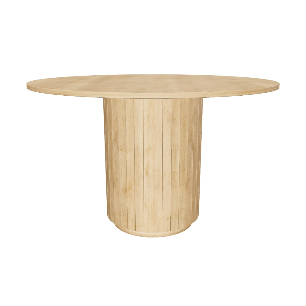 3D-Modell eines runden Licia Tisches aus Mangoholz, Ø 120 cm, natürliches Finish, ideal für Garten und Terrasse.