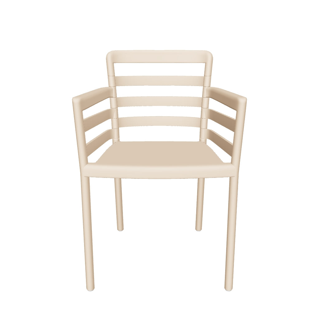 Stapelbarer Gartenstuhl aus robustem Kunststoff in Beige, wetterfest und perfekt für vielseitige Nutzung im Außenbereich.