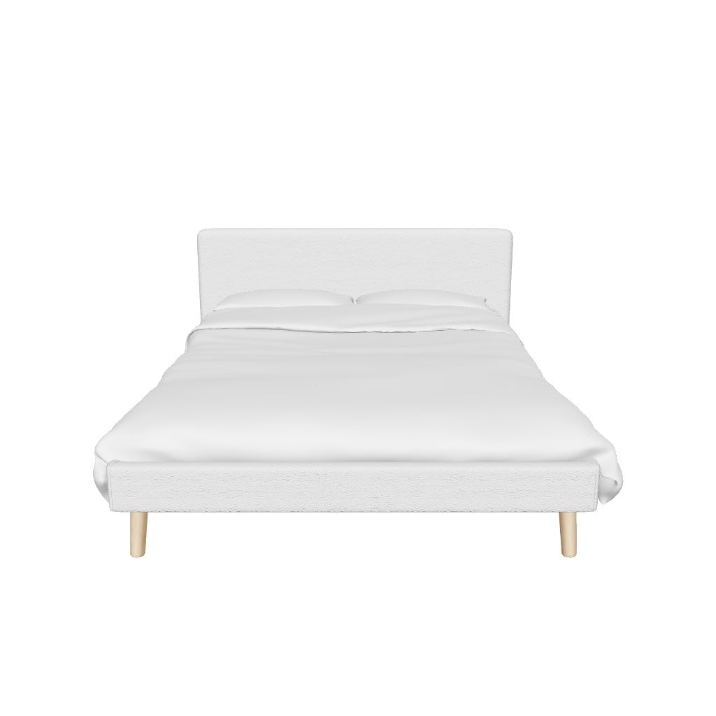 Modernes Dyla Bett in hellgrauem Bouclé, passend für eine 160 x 200 cm Matratze, mit weicher Polsterung und zeitlosem Design für ein gemütliches Schlafzimmer.