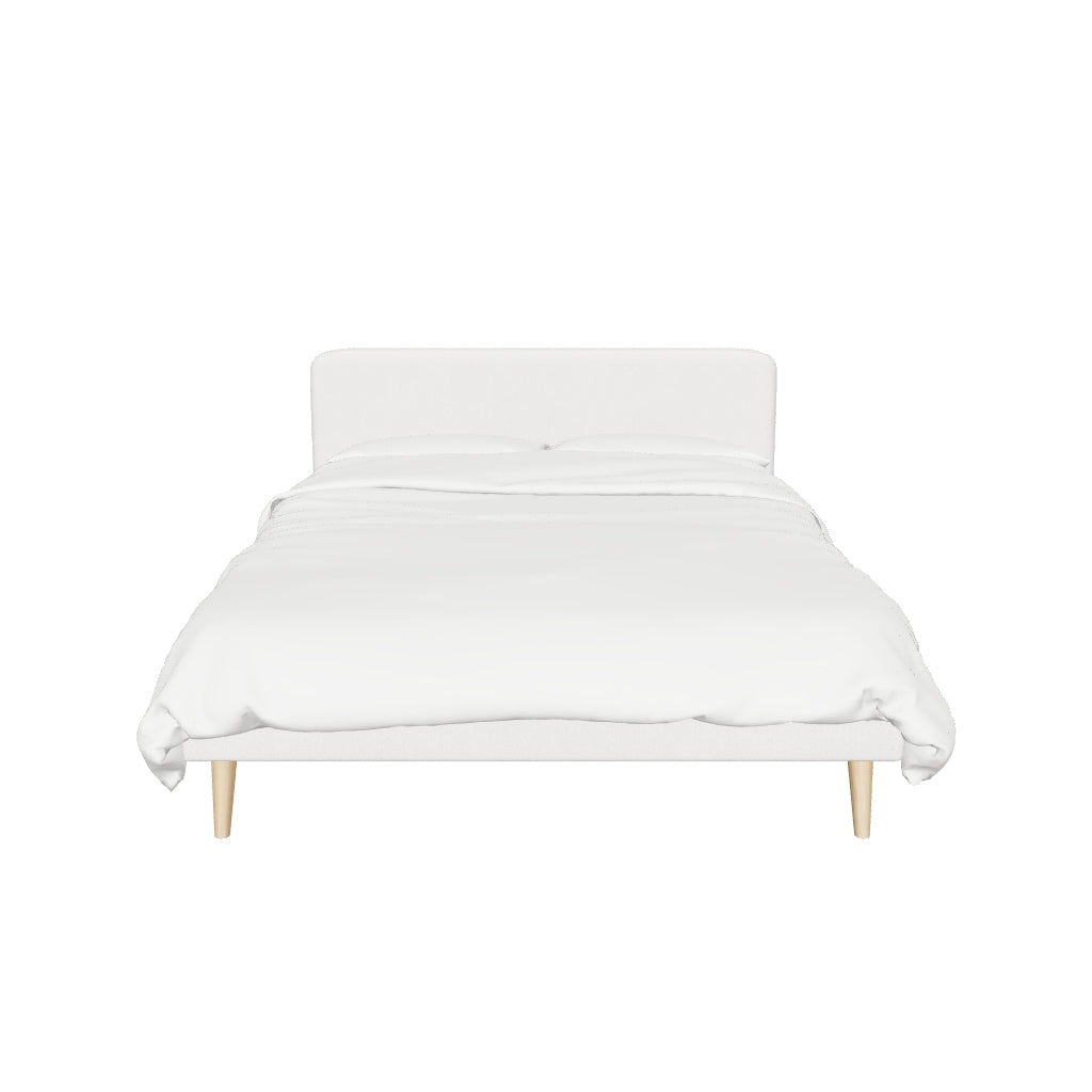 Modernes Dyla Bett in weißem Bouclé-Stoff, gepolstertes Kopfteil, weiche Haptik, passend für Matratzen der Größe 160 x 200 cm.