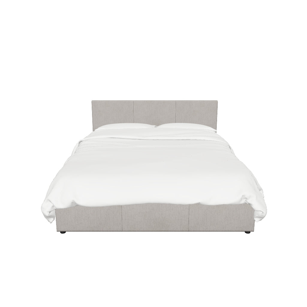 Graues Nahiri Bett mit integriertem Stauraum, gepolstertem Kopfteil und aufklappbarem Lattenrost, passend für eine 160 x 200 cm Matratze.