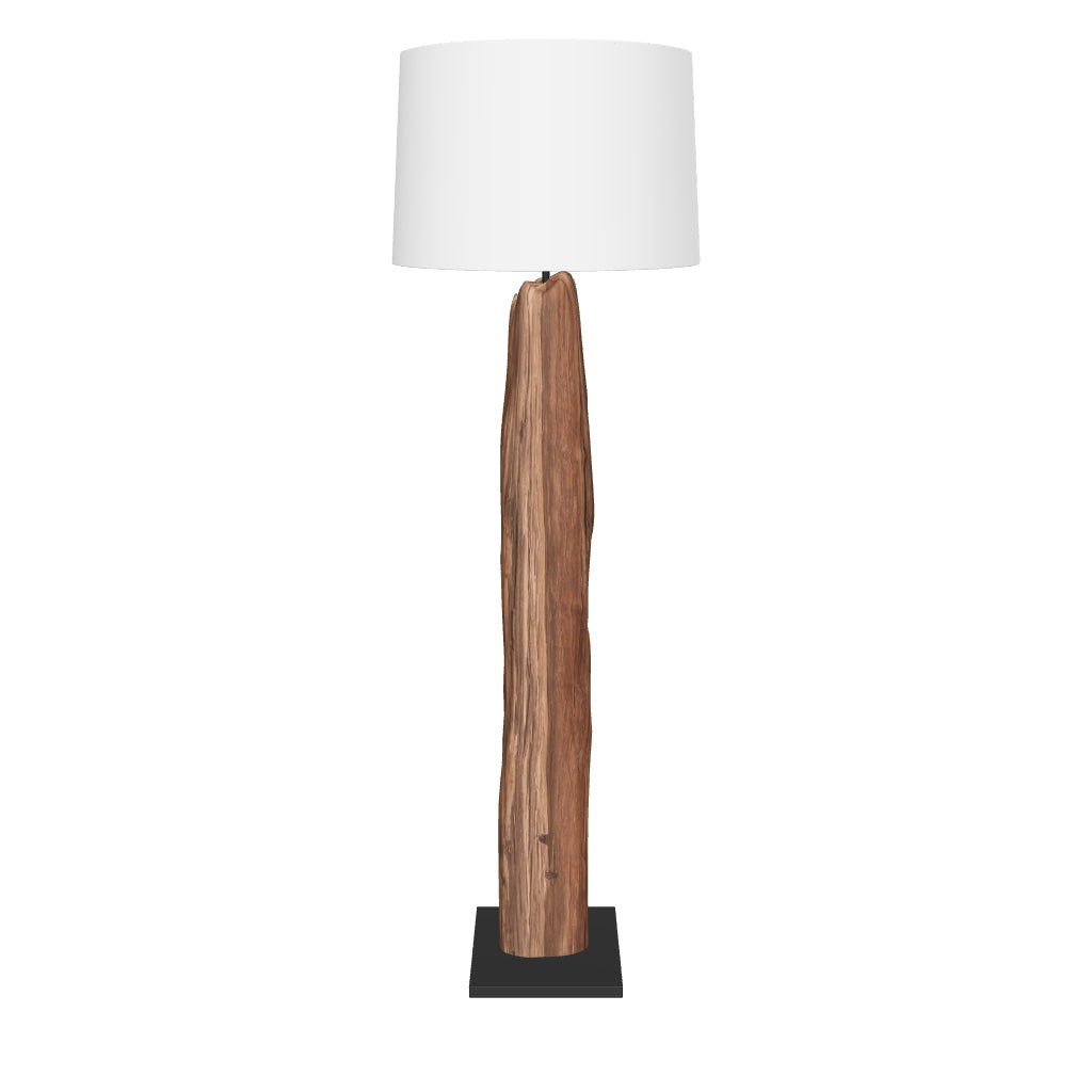 Stehlampe Powell aus recyceltem Tropenholz mit schlichtem Baumwollschirm, die Nachhaltigkeit und modernes Design vereint.