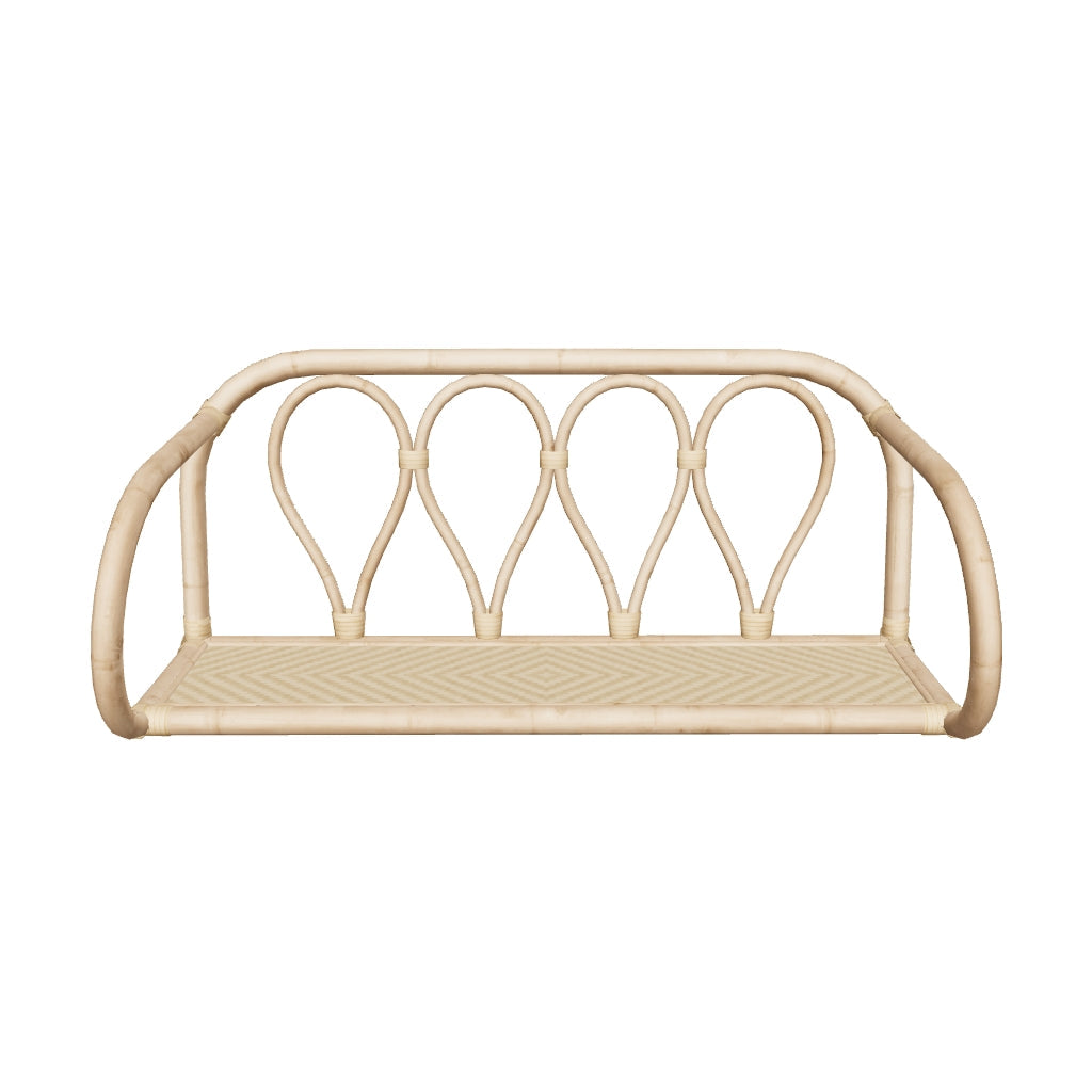 Rattan-Wandregal Nyarai mit natürlichem Finish, 58 x 25 cm, ideal für dekorative Aufbewahrung und warmes Ambiente.