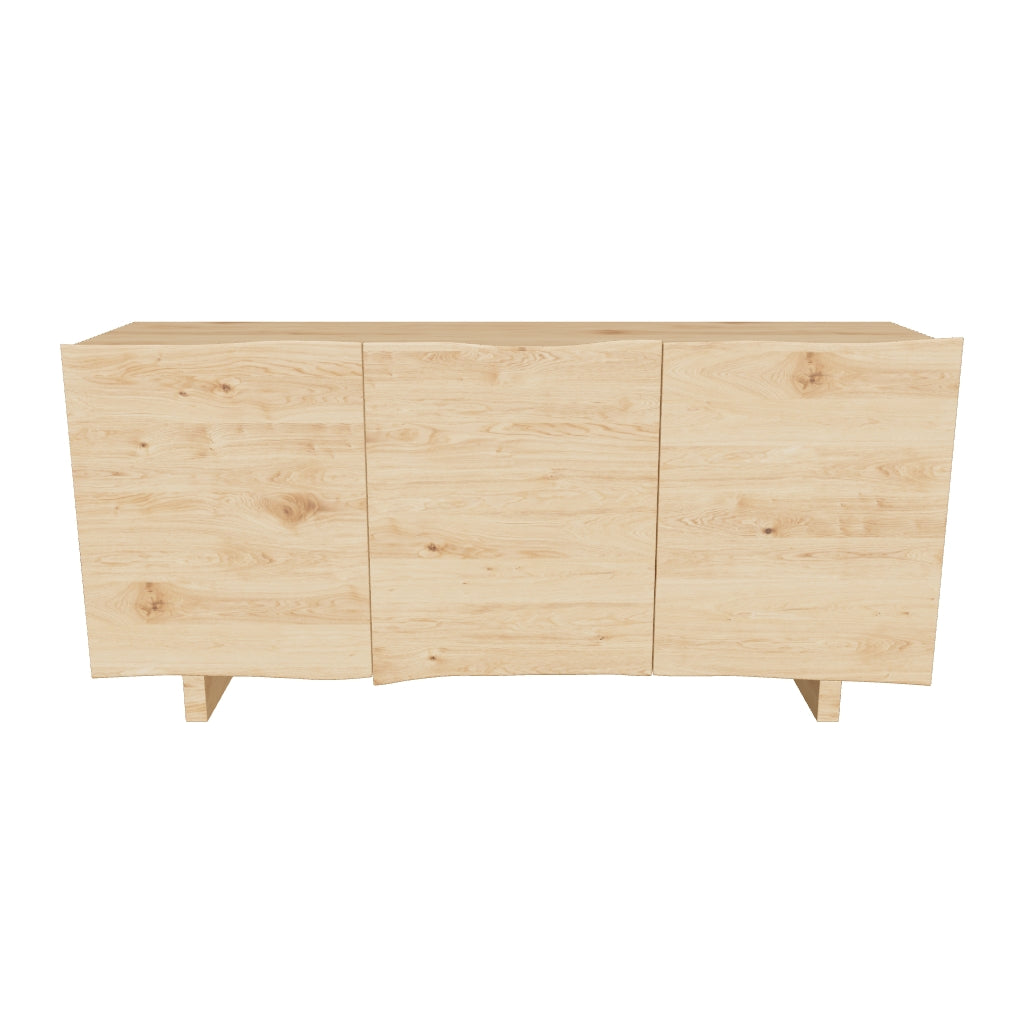 Sideboard mit drei Türen aus Eichenfurnier, 150 x 71 cm, natürliches Finish, minimalistisches Design für vielseitige Aufbewahrung.