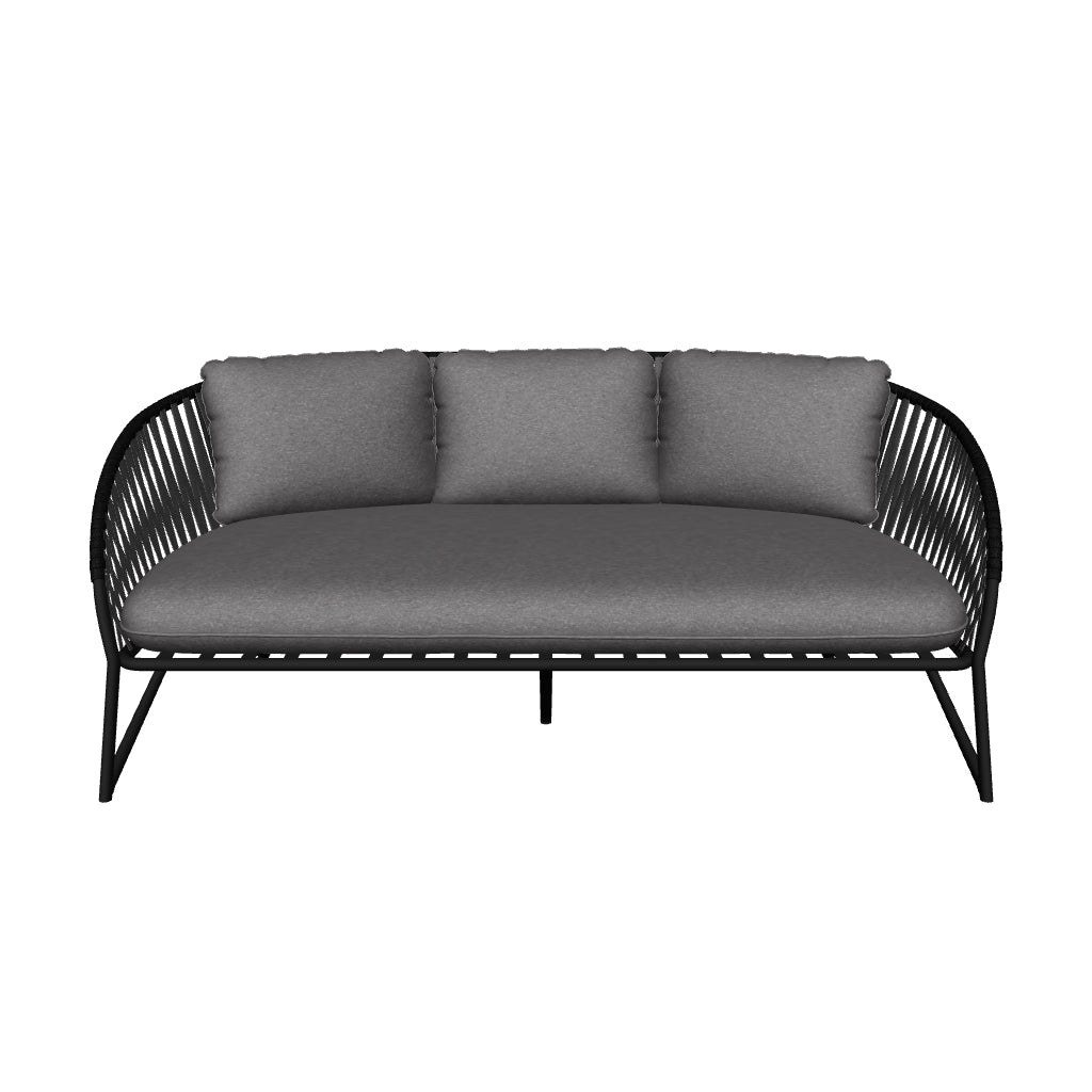 3-Sitzer-Sofa mit modernem Design aus schwarzem Seilgeflecht und robustem Metallrahmen, perfekt für zeitgemäße Wohn- und Außenbereiche.