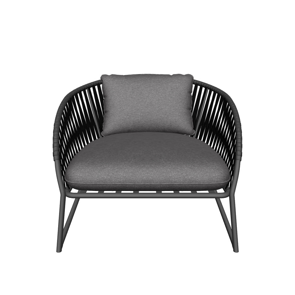 Moderner Branzie Loungesessel aus schwarzem Seilgeflecht mit stilvollem und zeitlosem Design.