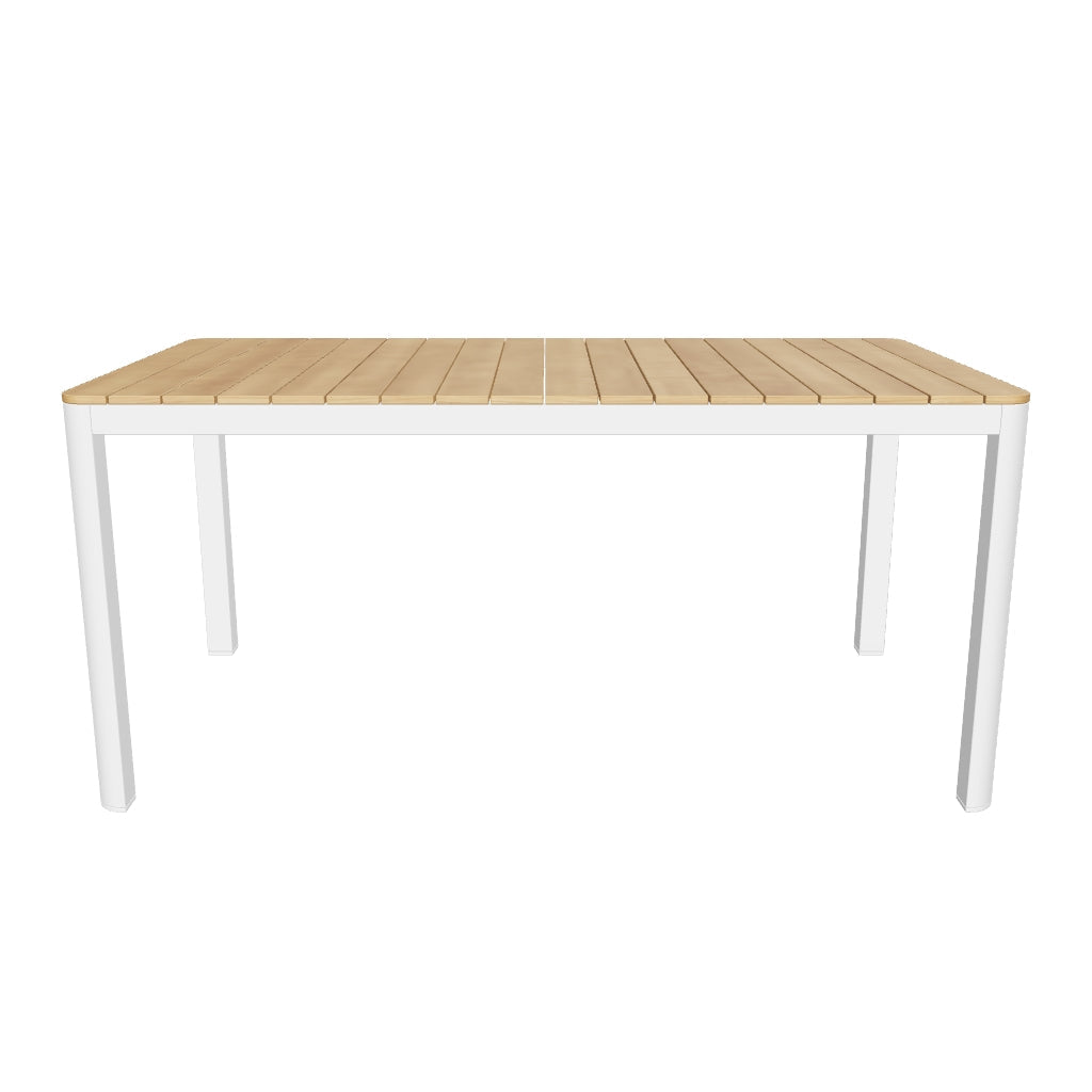 Moderner Outdoor-Tisch Bona aus massivem Teakholz und weißem Aluminium, 160 x 90 cm, robust und wetterbeständig, perfekt für den Außenbereich.