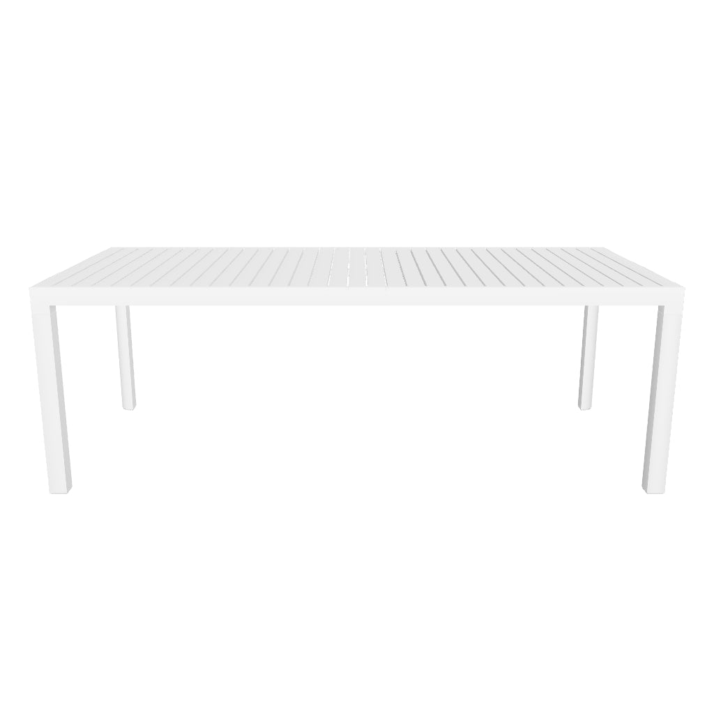 Moderner Gartentisch Culip aus weiß lackiertem Aluminium, 220 x 100 cm, perfekt für großzügige Außenbereiche.