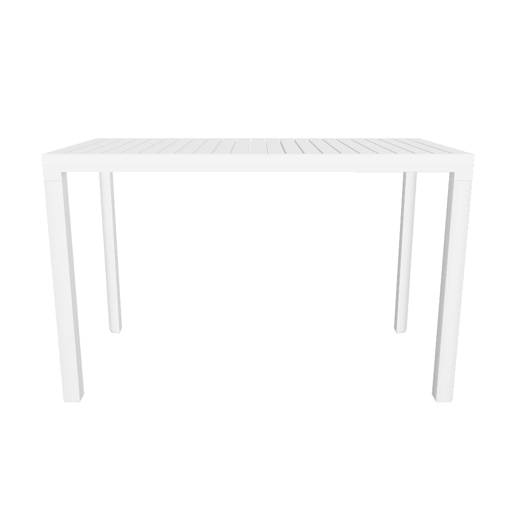 Moderner Gartenstehtisch aus weiß beschichtetem Aluminium, 150 x 77 cm, robust und perfekt für den Außenbereich.