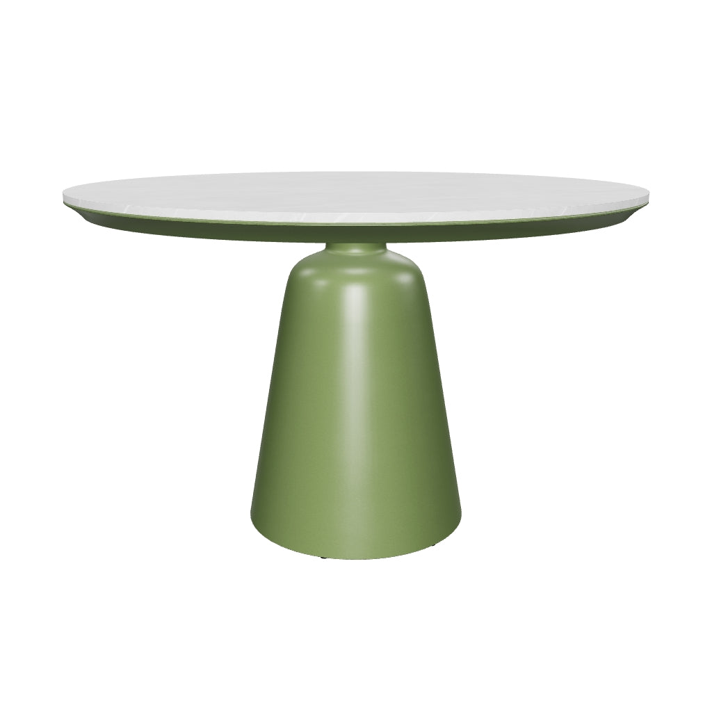 Runder Outdoor-Tisch mit grüner Keramikplatte, robustem Aluminiumgestell und modernem Design – perfekt für den Außenbereich.