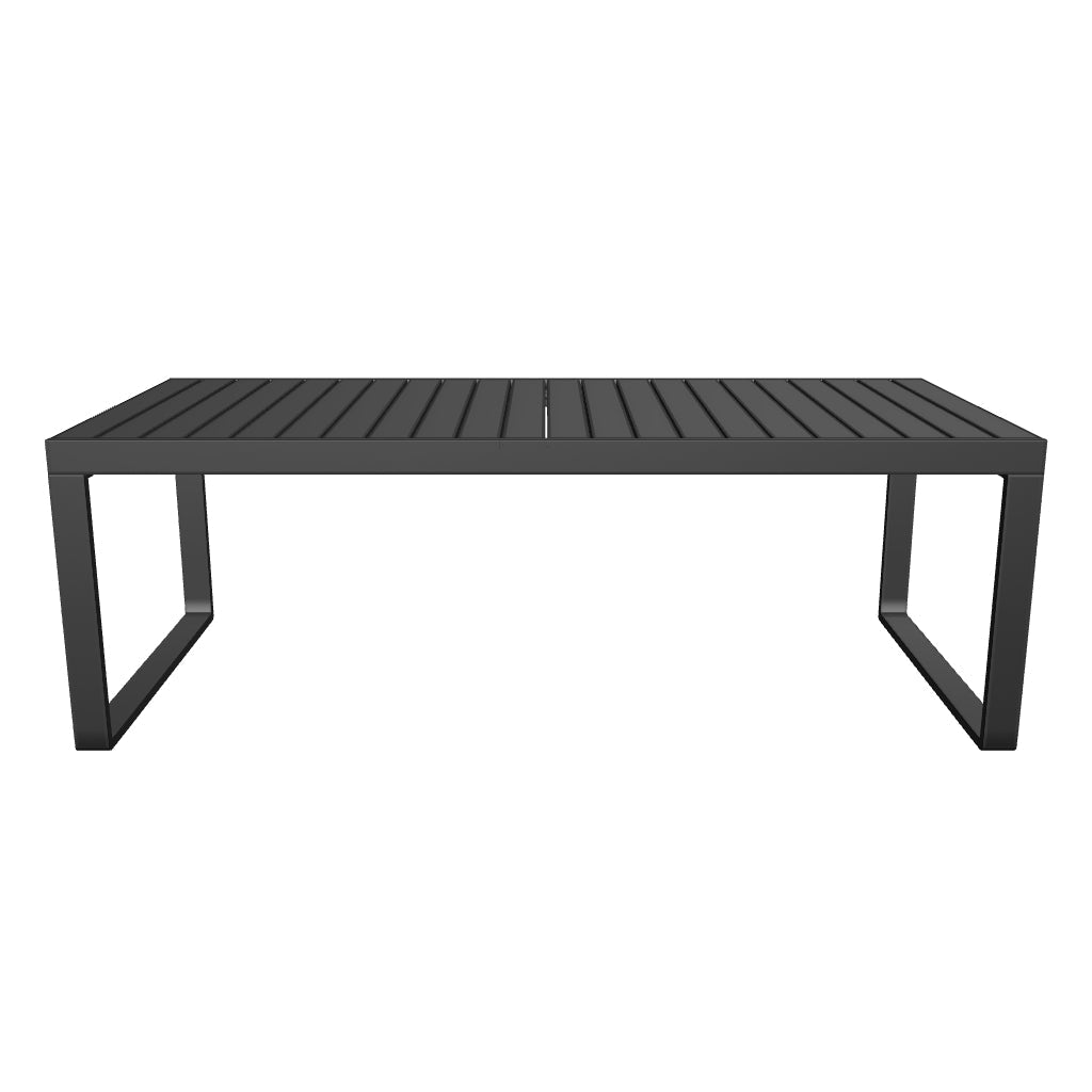 Ausziehbarer Gartentisch aus Aluminium in Dunkelgrau, modernes Design, erweiterbar von 220 cm auf 340 cm, geeignet für große Outdoor-Bereiche.