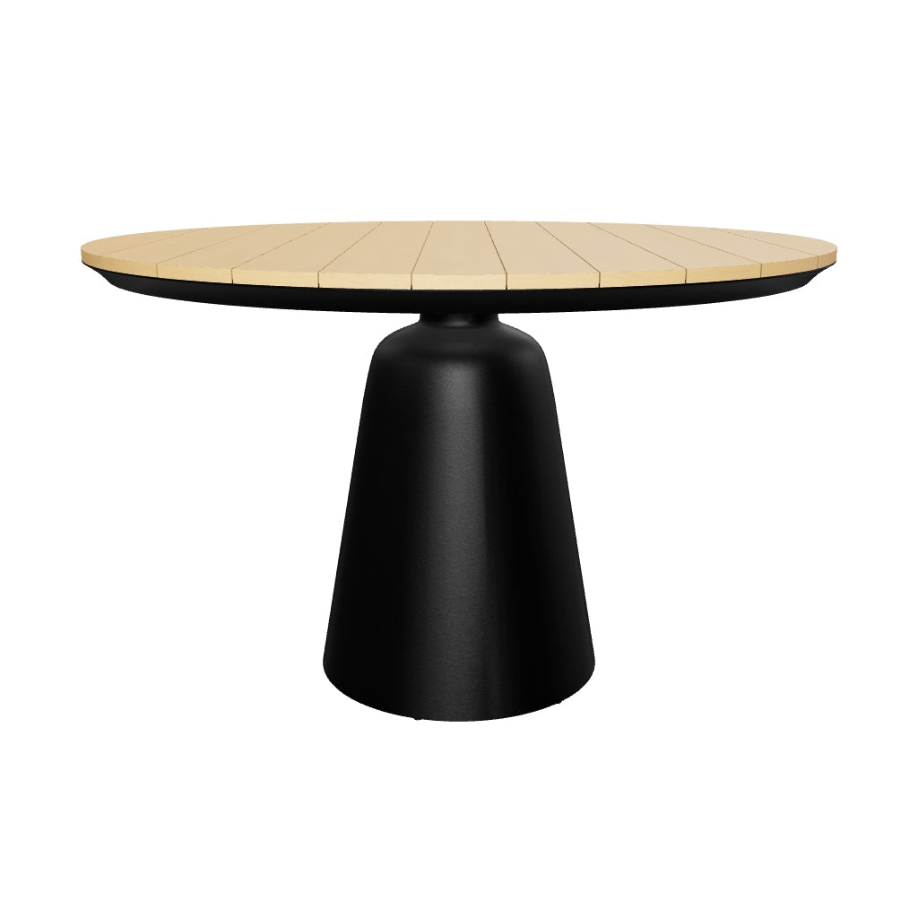 Runder Outdoor-Tisch aus grauem Aluminium und nachhaltigem FSC-zertifiziertem Teakholz, Ø 120 cm, ideal für Terrasse oder Garten.