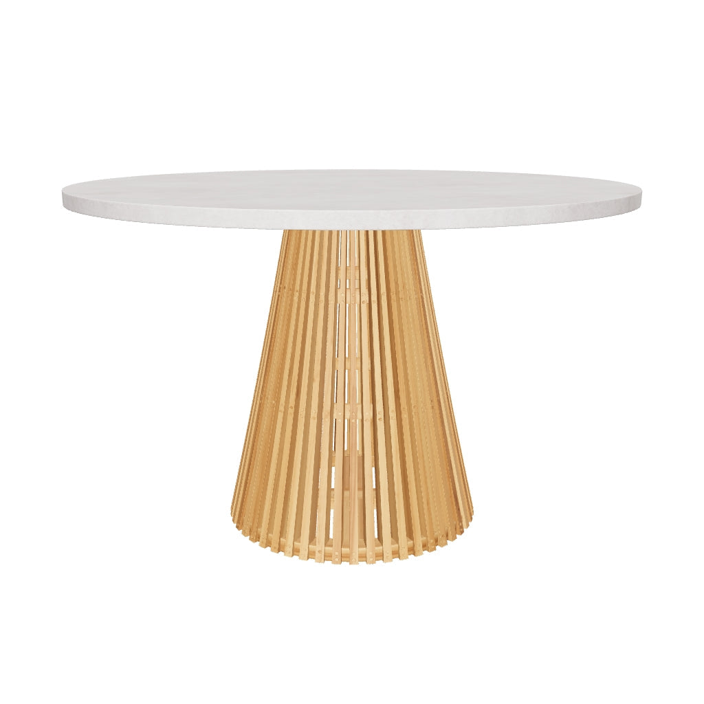 Runder Outdoor-Tisch Alcaufar aus massivem Teakholz und grauem Zement mit einem Durchmesser von 120 cm, perfekt für moderne Außenbereiche.