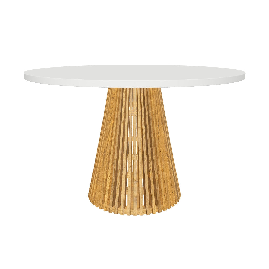 Runder Outdoor-Tisch Alcaufar aus massivem Teakholz und weißem Zement mit einem Durchmesser von 120 cm, perfekt für moderne Außenbereiche.
