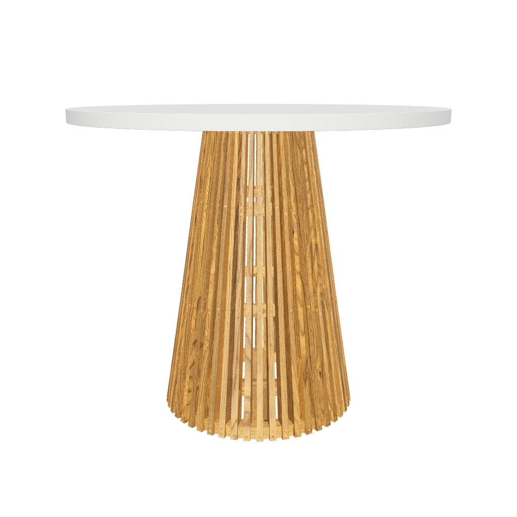 Runder Alcaufar Outdoor-Tisch aus massivem Teakholz und weißem Zement mit einem Durchmesser von 90 cm, ideal für den Außenbereich.