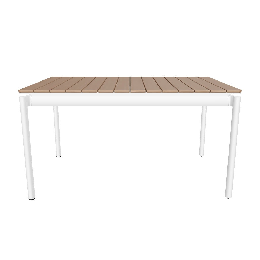 Ausziehbarer Gartentisch aus Poly-Holz und Aluminium in Mattweiß, 140 bis 200 cm lang, mit modernem Design für den Außenbereich.