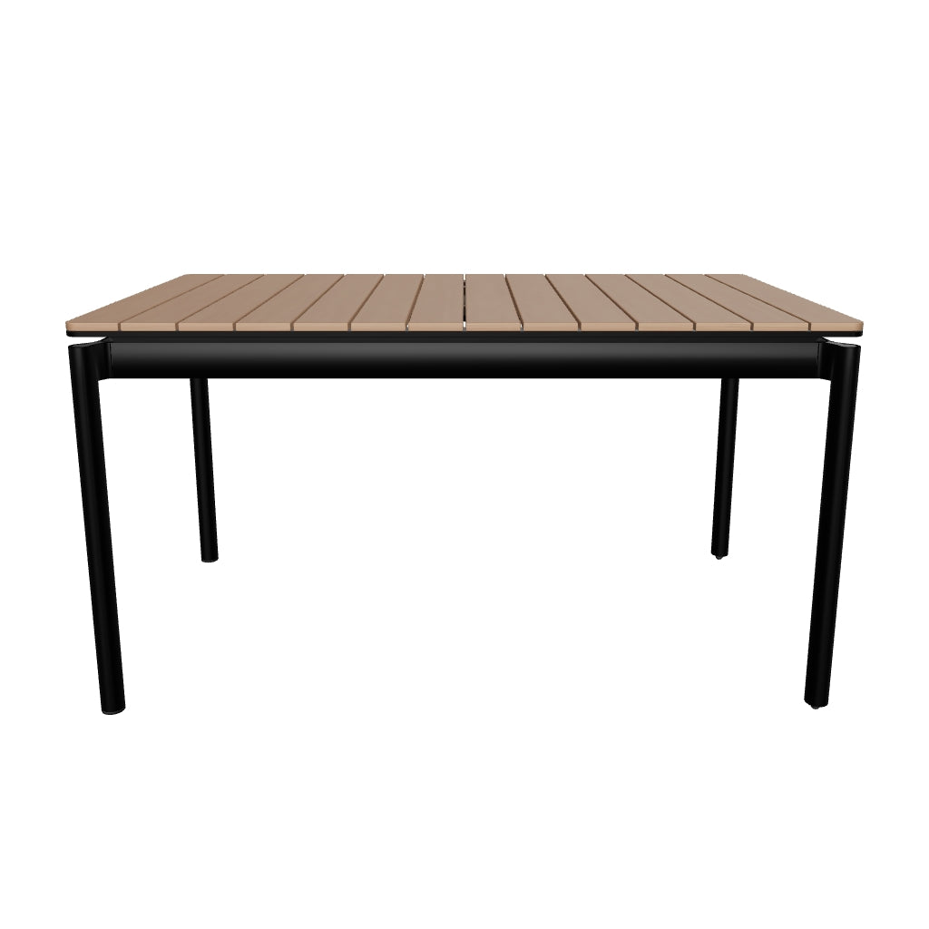 Moderner Gartenausziehtisch aus Poly-Holz und mattschwarzem Aluminium, robust und wetterbeständig, ausziehbar von 140 cm auf 200 cm, perfekt für den Außenbereich.