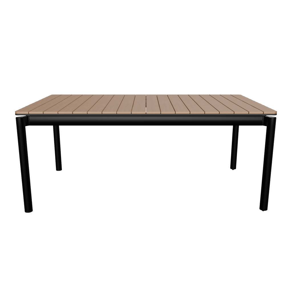 Moderner Gartenausziehtisch aus Poly-Holz mit mattschwarzem Aluminiumgestell, ausziehbar von 180 cm auf 240 cm, perfekt für den Außenbereich.