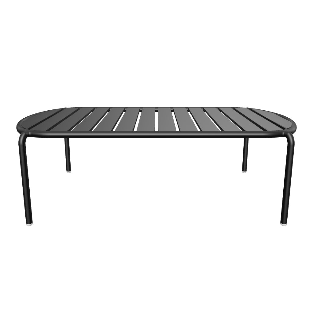 Moderner Gartencouchtisch aus grauem Aluminium, Ø 110 x 62 cm, mit abgerundeten Formen und wetterfestem Design, ideal für Terrasse oder Garten.
