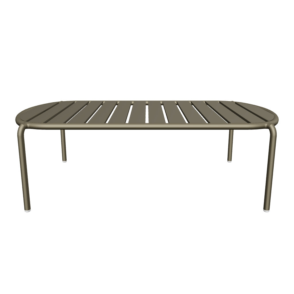Runder Gartencouchtisch Joncols aus Aluminium in Grün mit einem Durchmesser von 110 cm und einer Höhe von 62 cm, modernes Design für den Außenbereich.