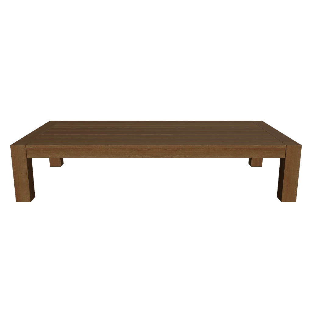 Massiver Couchtisch aus Teakholz mit natürlicher Holzmaserung, rechteckige Form, 150 x 71 cm, robust und vielseitig einsetzbar.