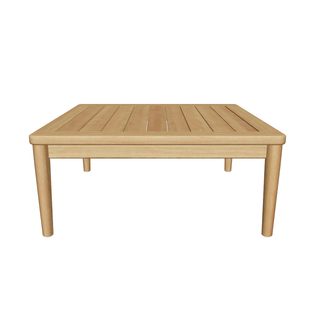 Massiver Couchtisch aus Teakholz, 80 x 80 cm, mit natürlicher Holzmaserung, robust und vielseitig einsetzbar, passend für Innen- und Außenbereiche.
