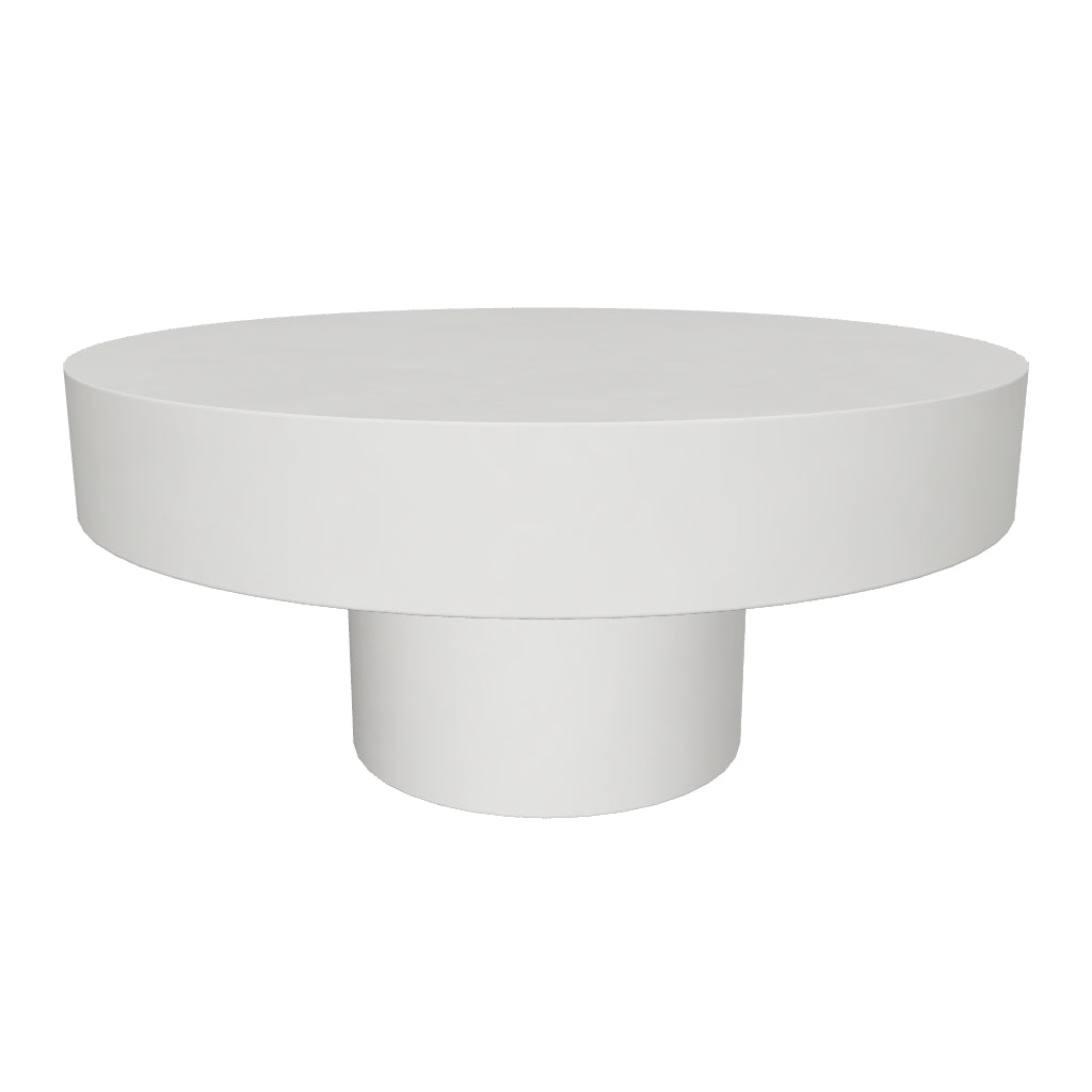 Runder Couchtisch aus weißem Zement mit modernem Design und einem Durchmesser von 66 cm.