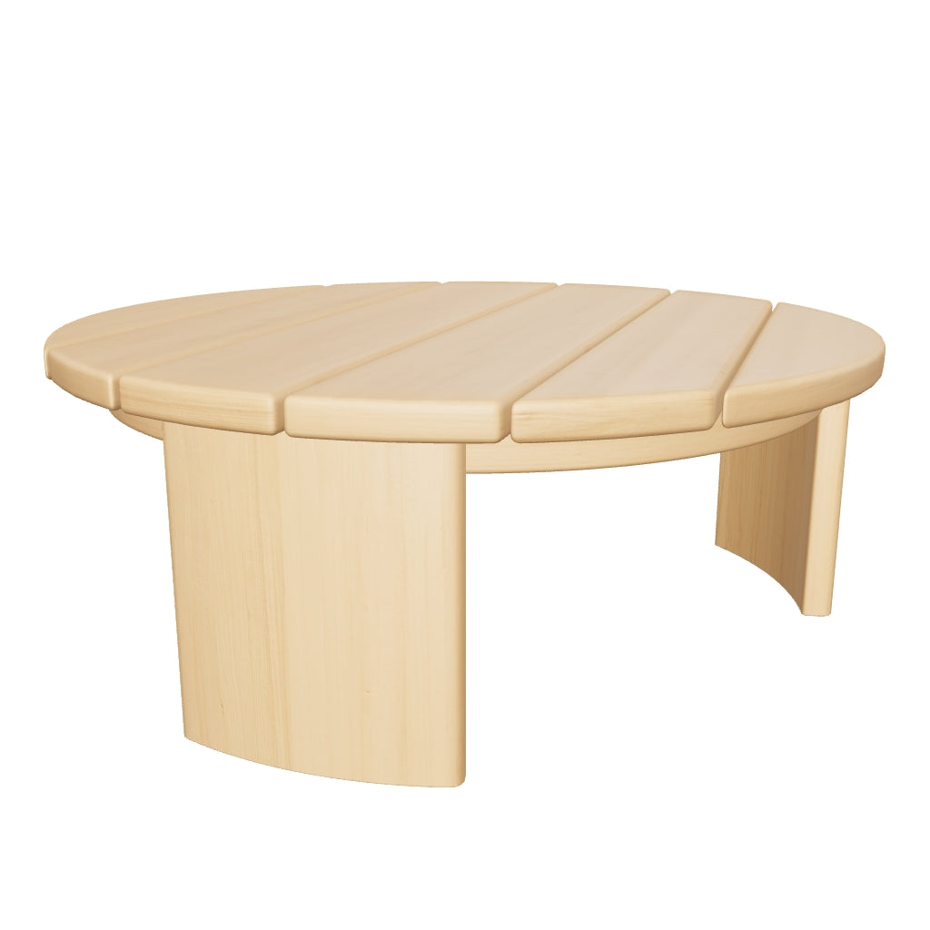 Runder Couchtisch aus massivem Eukalyptusholz mit FSC-Zertifizierung, 90 cm Durchmesser, perfekt für moderne Wohnräume.