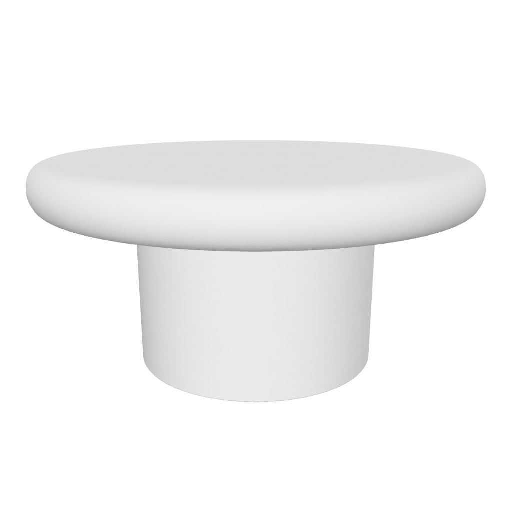 Runder Couchtisch Addaia aus weißem Zement mit 90 cm Durchmesser, minimalistisches Design für modernes Wohnen.