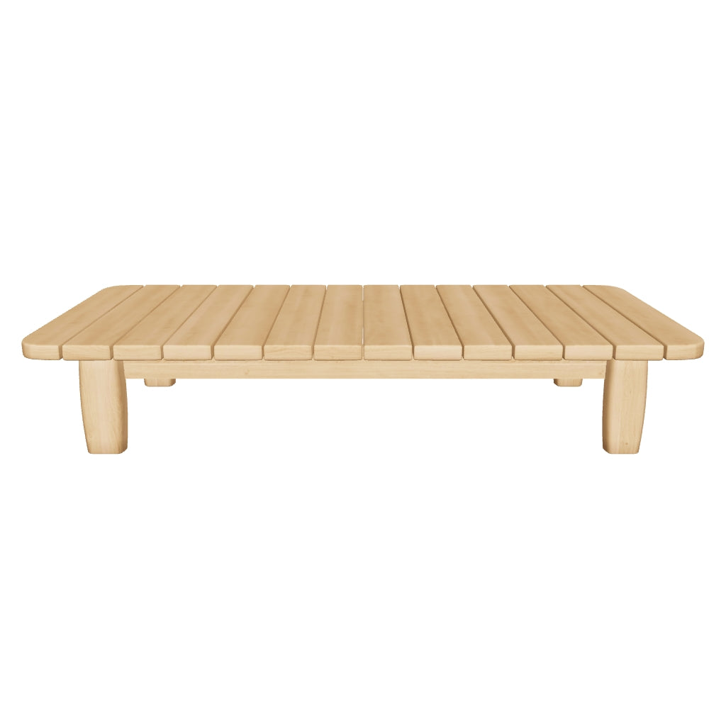 Massiver Couchtisch aus 100% FSC-zertifiziertem Teakholz, 140 x 70 cm, mit natürlicher Holzmaserung und modernem Design für vielseitige Wohnräume.