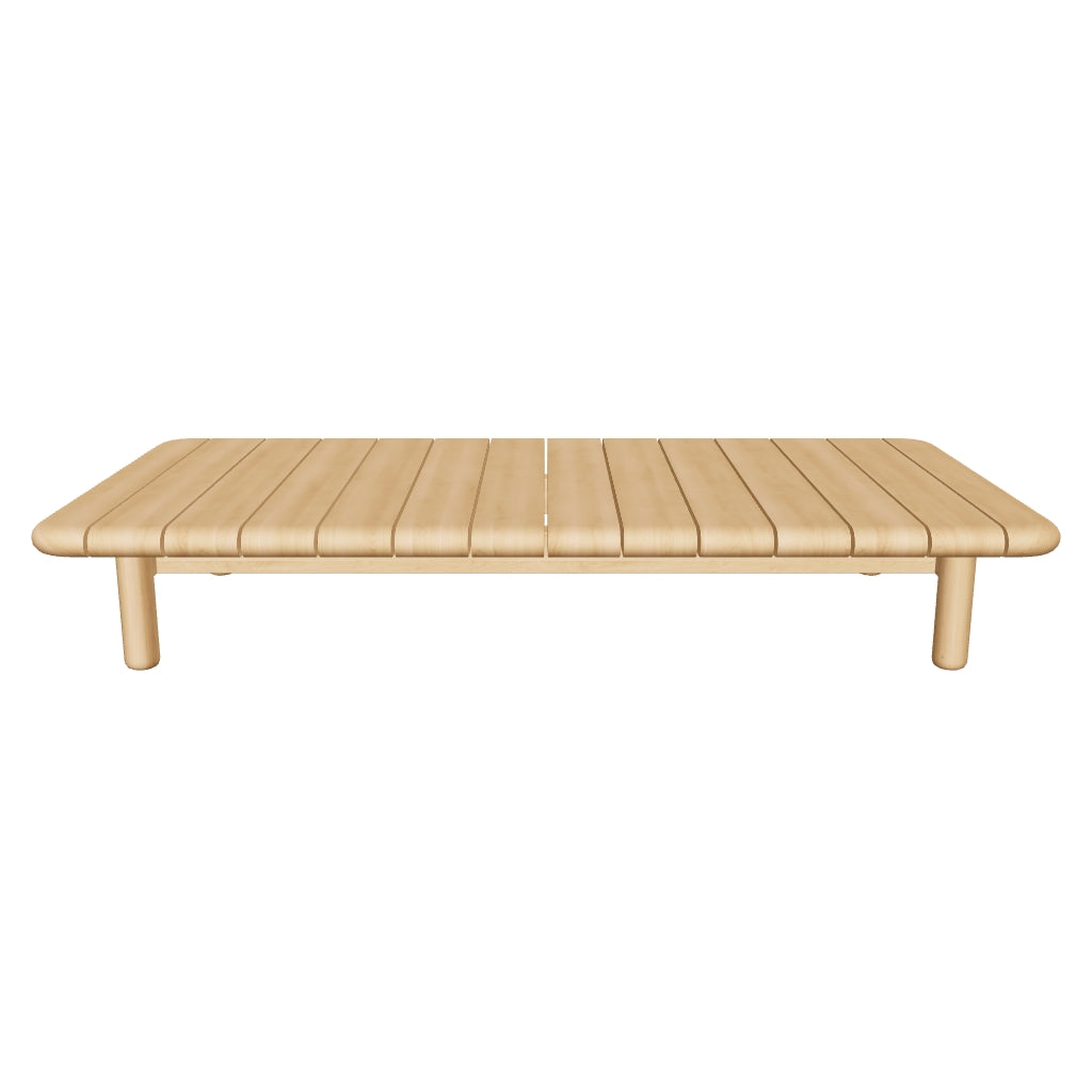 Massiver Couchtisch aus Teakholz, 140 x 70 cm, mit FSC-Zertifizierung, robustes Design für Innen- und Außenbereiche.