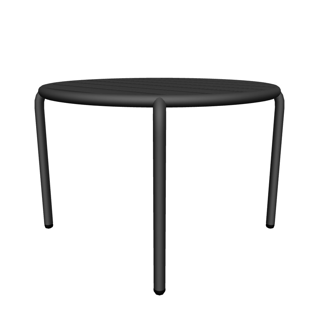 Runder Gartenbeistelltisch Joncols aus grauem Aluminium mit glatter Oberfläche und modernem Design, perfekt für den Außenbereich.
