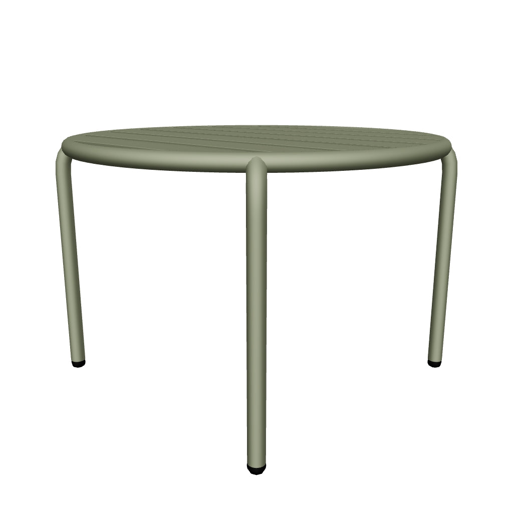 Runder Gartenbeistelltisch aus grünem Aluminium mit 60 cm Durchmesser, modernes Design, robust und für den Außenbereich geeignet.