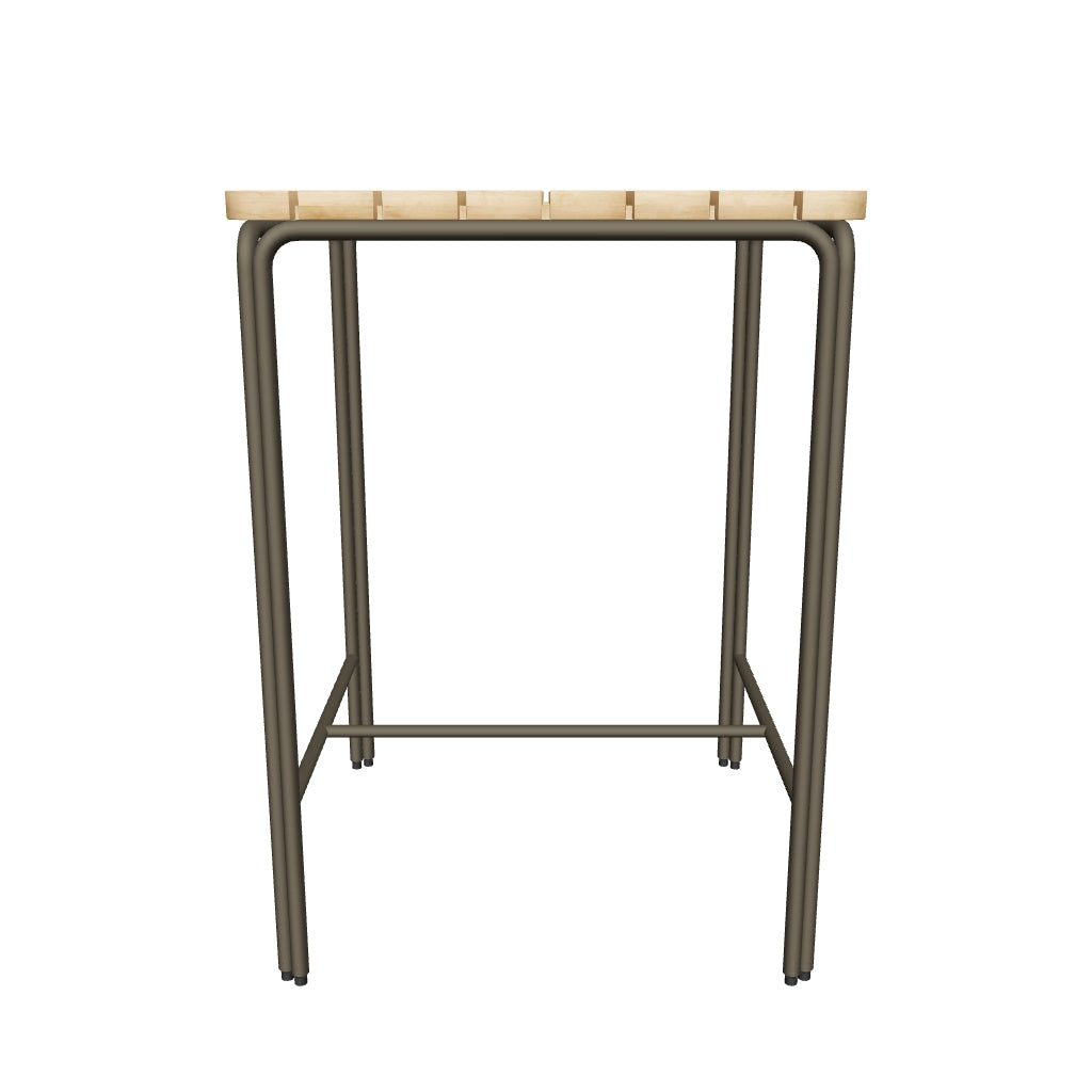 Hochtisch aus massivem Akazienholz mit stabilem Stahlgestell in Braun, quadratische Form 70 x 70 cm, perfekt für den Außenbereich und aus FSC-zertifiziertem Holz gefertigt.