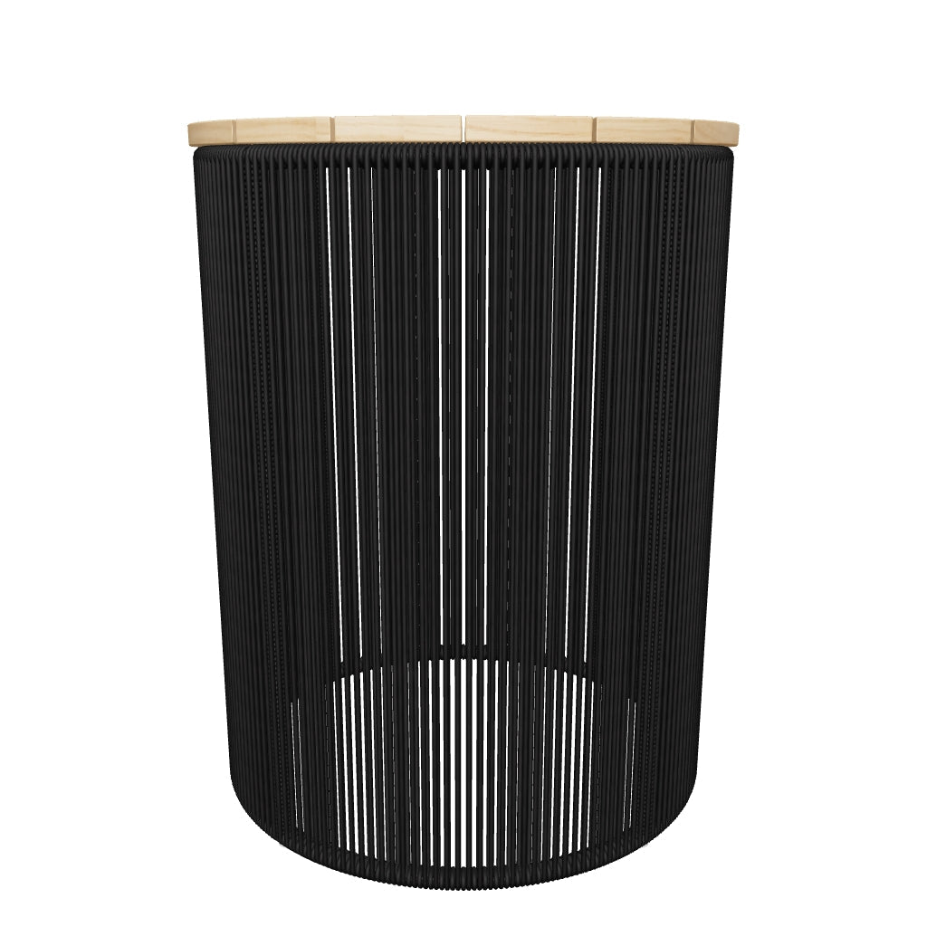 Runder Couchtisch Dandara mit robustem Akazienholz, schwarzem Stahlgestell und geflochtenem Design, Ø40 cm, nachhaltig hergestellt mit FSC 100-Zertifizierung.