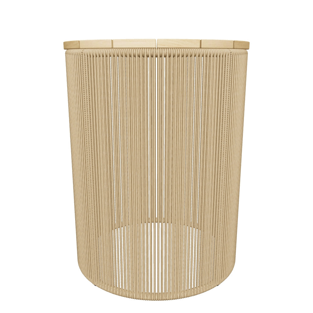 Runder Couchtisch Dandara aus robustem Stahl, beigem Flechtwerk und nachhaltigem Akazienholz, Ø40 cm, FSC-zertifiziert.