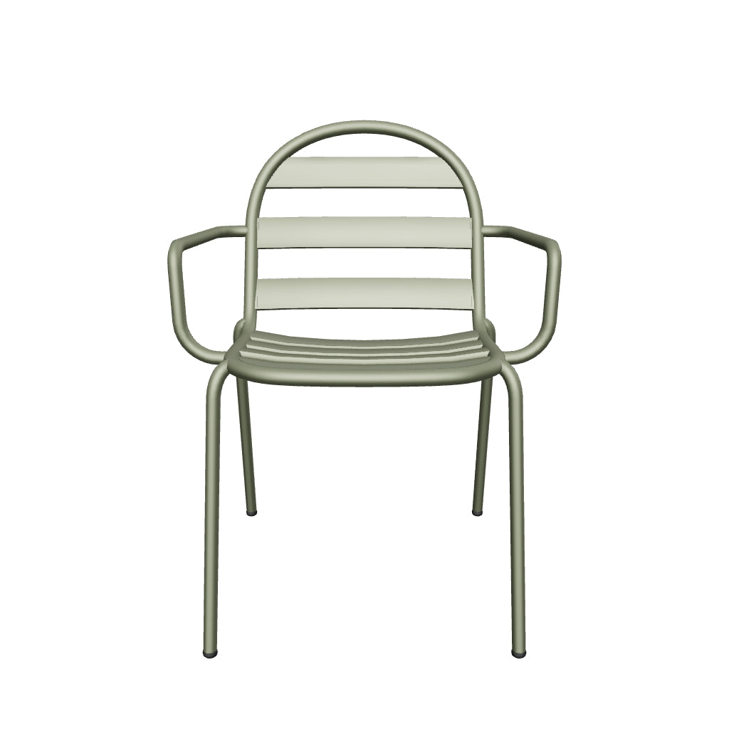 Stapelbarer Gartenstuhl aus grünem Aluminium mit modernem Design und wetterfester Verarbeitung.